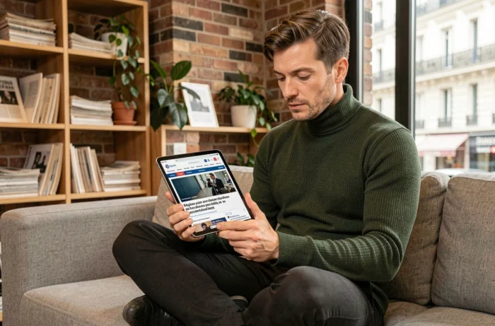 Journaliste française lisant les actualités médias sur une tablette dans un espace de travail collaboratif parisien
