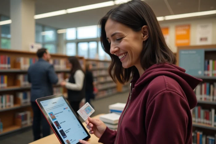Une femme utilisant l'application Libby avec sa carte de bibliothèque pour emprunter des magazines numériques gratuitement