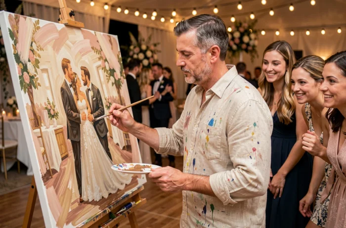 Artiste réalisant un tableau en direct pendant la soirée de mariage, peignant les mariés sur une toile posée sur un chevalet