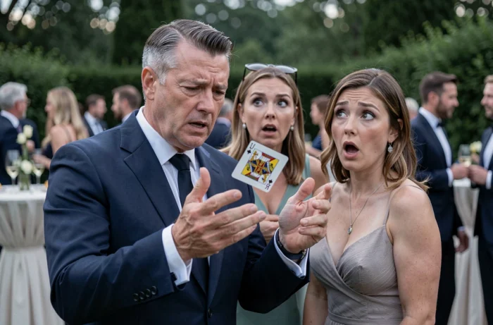 Magicien close-up réalisant un tour de carte époustouflant devant des invités médusés lors du cocktail de mariage