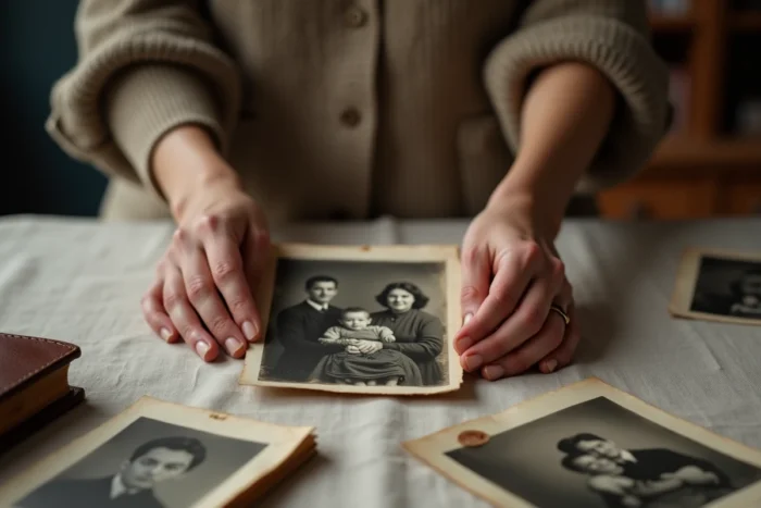 Deux mains tenant une vieille photo de famille en noir et blanc sur une table couverte de souvenirs