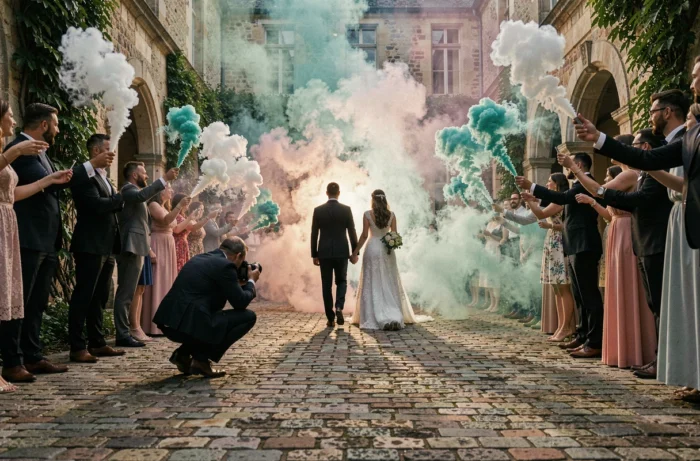 Mariés s'éloignant en silhouette dans un couloir de fumigènes blancs et teals dans une cour de château