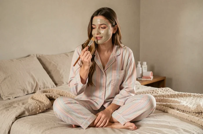 Jeune femme appliquant un masque à l'argile dans sa chambre, moment de soin beauté à domicile