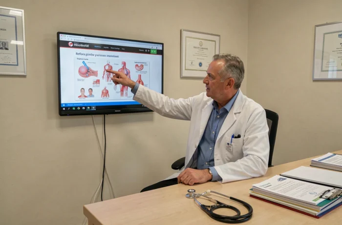 Médecin belge regardant une émission de santé sur un écran en cabinet médical