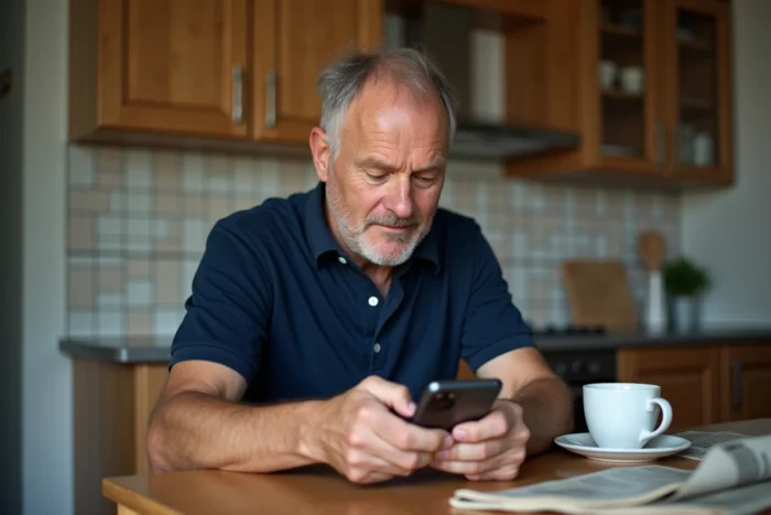 Habitant consultant une application de messagerie communale sur smartphone dans sa cuisine le matin
