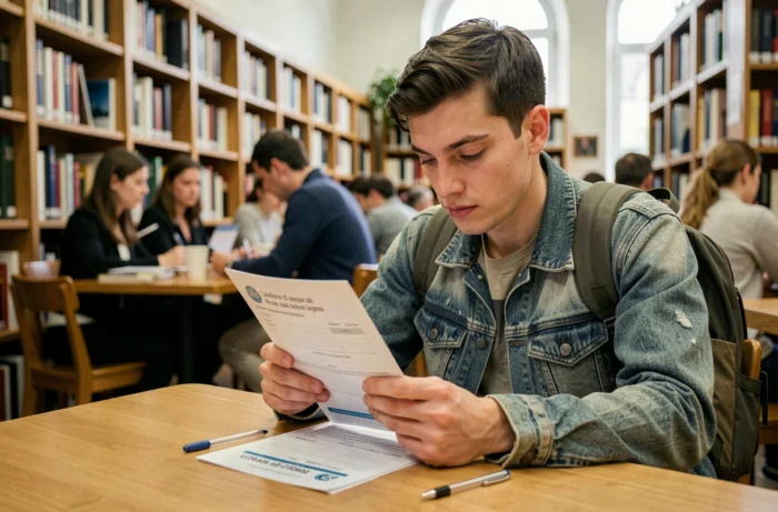 Jeune migrant sans papiers consultant une brochure d'aide juridique dans une bibliothèque publique en France