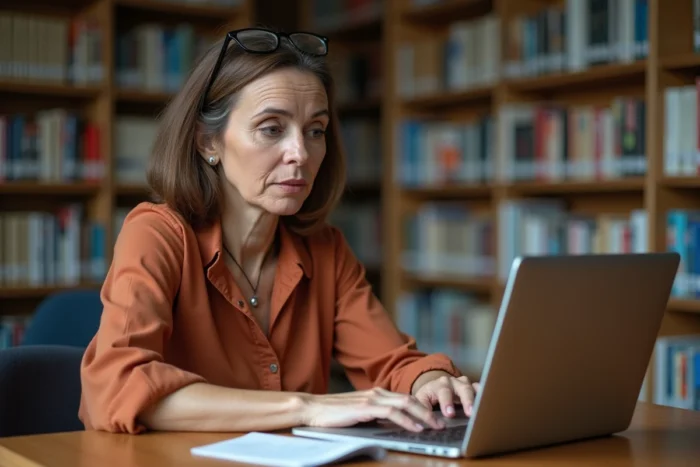 Une femme consultant MondeMags dans une bibliothèque pour accéder à des magazines internationaux en ligne