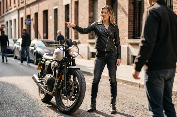Motarde en veste en cuir choisissant des pneus pour sa moto café racer en ville