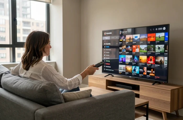 Femme utilisant une télécommande pour naviguer dans une interface IPTV sur sa smart TV
