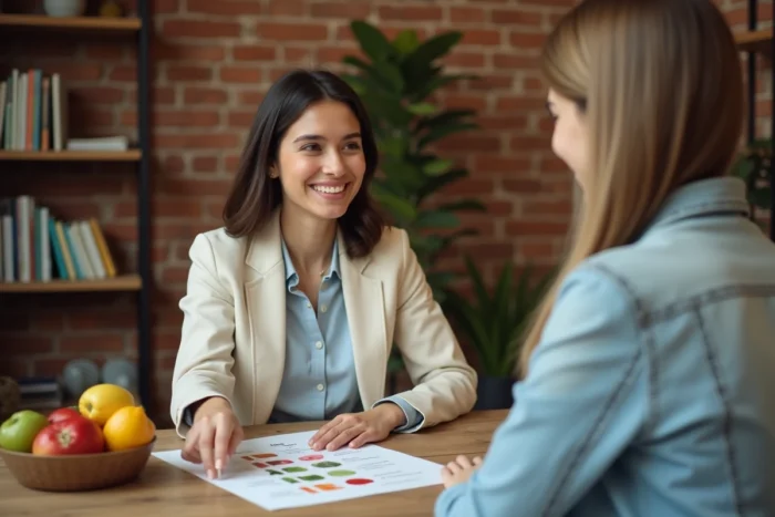 Nutritionniste professionnelle en consultation avec une cliente autour d'un plan alimentaire personnalisé dans un bureau chaleureux