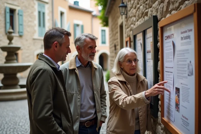Habitants d'une commune consultant un panneau d'affichage municipal dans une place de village en France