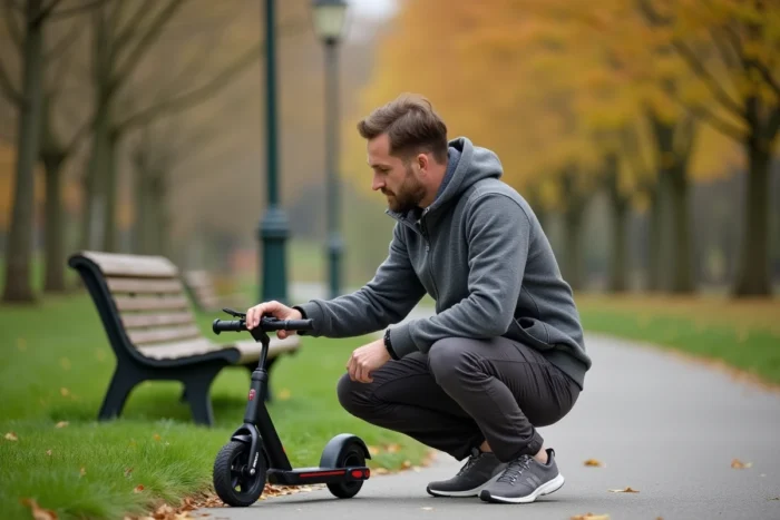 Parent inspectant les commandes d'une draisienne électrique Urban Glide dans un parc lors d'une sortie en famille