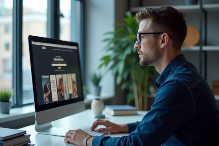 Un homme naviguant sur PDF-Géant pour télécharger des magazines au format PDF sur son ordinateur de bureau