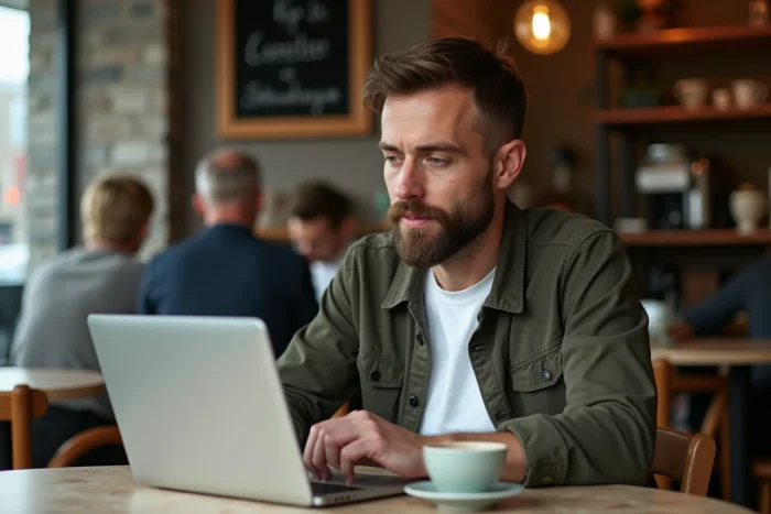 Un homme téléchargeant des magazines PDF depuis PDFMAGAZ.IN sur son ordinateur portable dans un café urbain