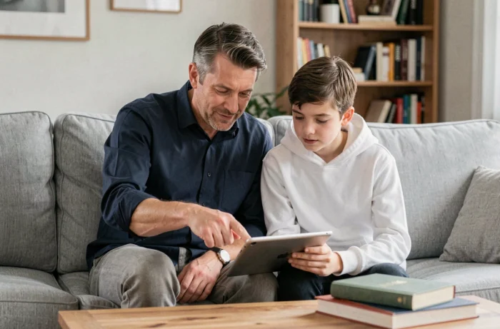 Père et adolescent consultant ensemble les paramètres de contrôle parental Family Link sur une tablette