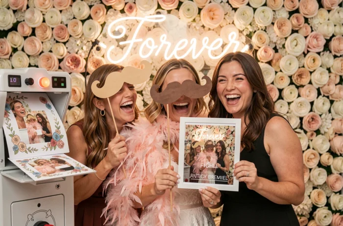 Invitées s'amusant dans un photobooth avec impression instantanée et filtre personnalisé lors d'un mariage
