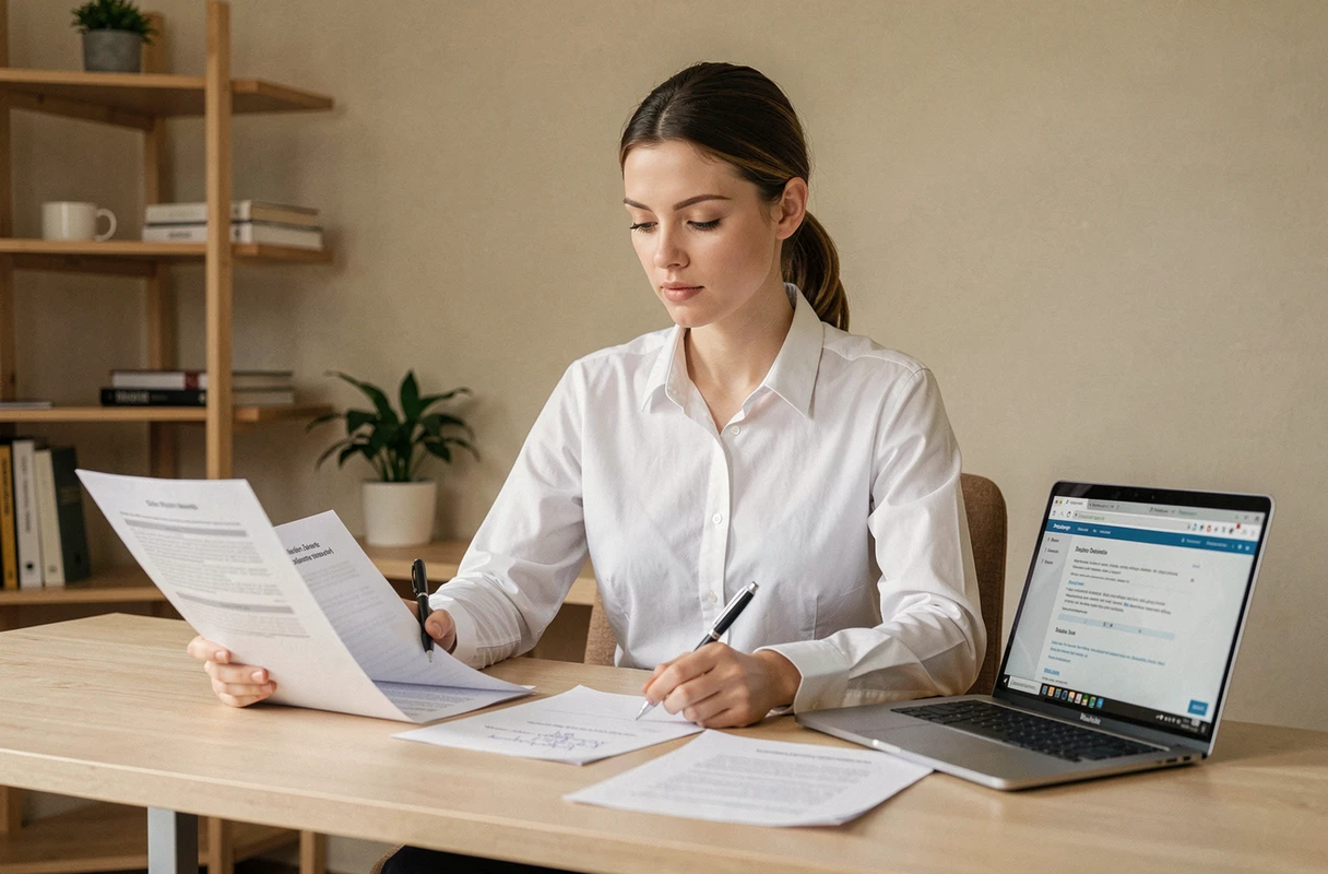 Femme se préparant à un entretien de recrutement Amazon pour un poste de préparateur de commande depuis son bureau à domicile