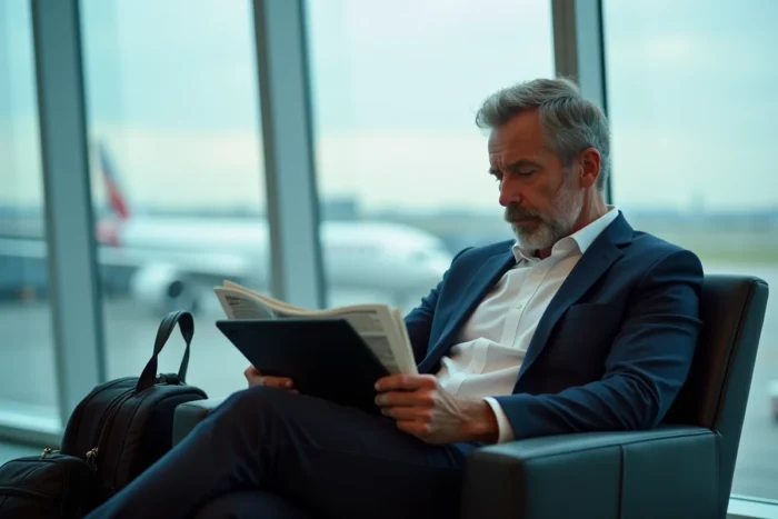 Un homme d'affaires lisant des journaux et magazines numériques via PressReader dans un salon d'aéroport
