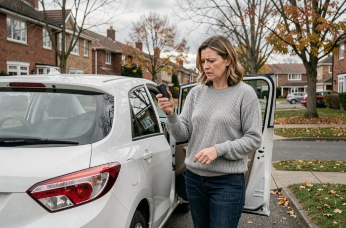 Femme examinant la télécommande de fermeture centralisée de sa voiture dans une allée résidentielle