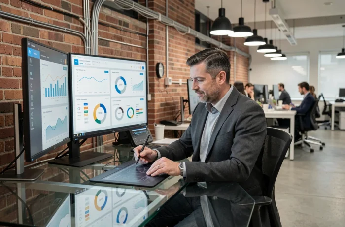 Homme professionnel travaillant sur des interfaces d'intelligence artificielle et de données dans un bureau technologique moderne