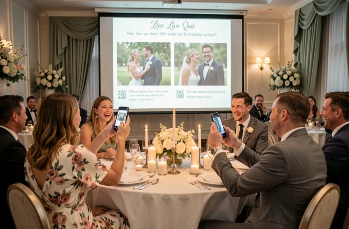Invités participant à un quiz Elle et Lui en temps réel en scannant un QR code lors de la réception de mariage