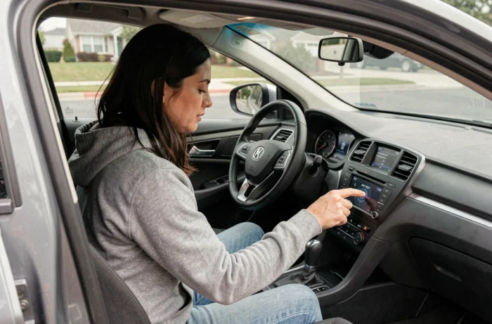 Femme assise dans une voiture appuyant sur le bouton de démarrage pour réinitialiser les systèmes électroniques après un changement de batterie