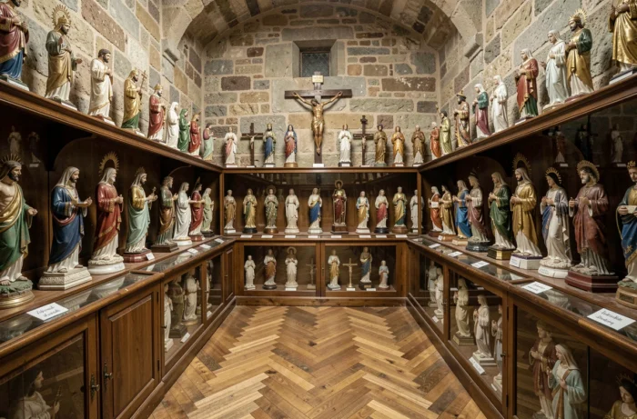 Salle de collection dédiée à l'hagietomamophilie avec des dizaines de statues religieuses de différentes époques et cultures sur des étagères en bois