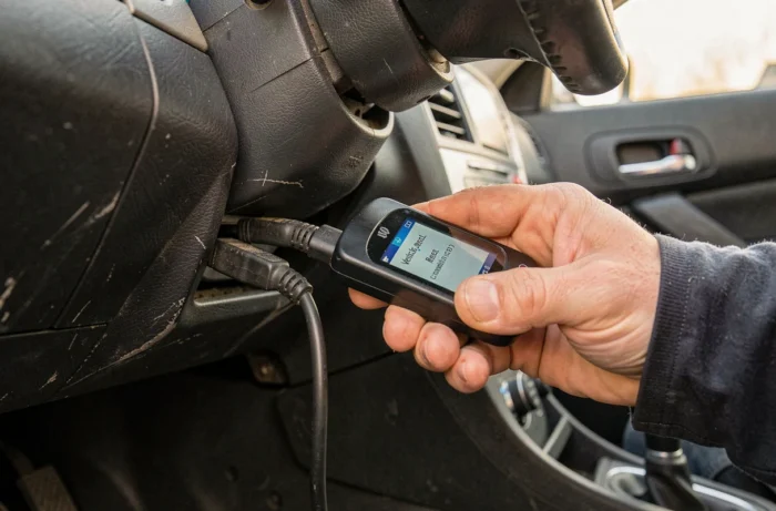 Gros plan sur un scanner OBD-II branché sous le tableau de bord pour réinitialiser l'ordinateur de bord d'une voiture après remplacement de la batterie