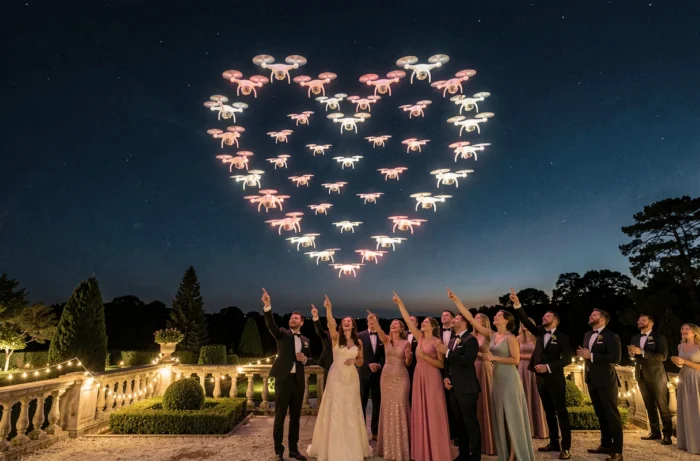 Spectacle de drones lumineux formant un cœur dans le ciel nocturne lors d'un mariage en extérieur avec invités émerveillés