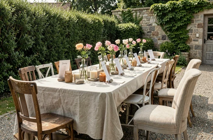 Table de réception de mariage en plein air avec décoration éclectique et récupérée, mêlant chaises dépareillées, bouteilles vintage et bouquets de roses du jardin pour un mariage unique et économique