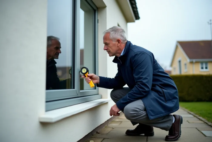 Technicien professionnel mesurant l'épaisseur du double vitrage d'une fenêtre de maison individuelle