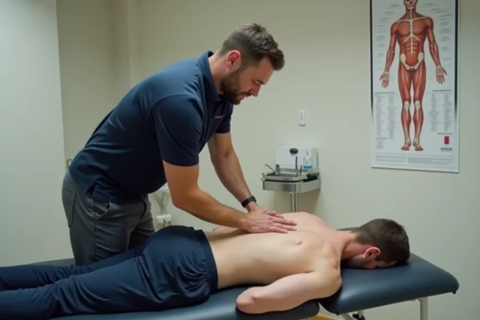 Thérapeute sportif masculin réalisant un massage thérapeutique sur un client dans un cabinet de soin professionnel