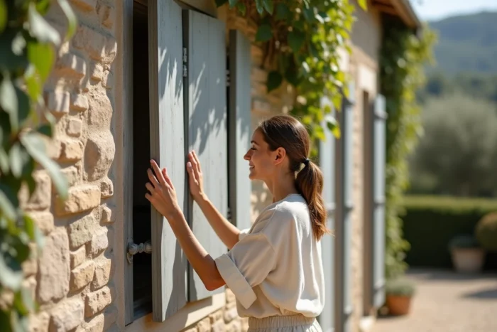 Femme fermant des volets en bois sur une façade de maison en pierre pour conserver la fraîcheur à l'intérieur