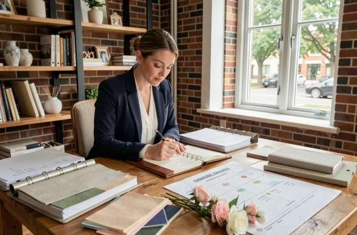 Planificatrice de mariage professionnelle travaillant sur les détails de l'organisation dans son bureau créatif